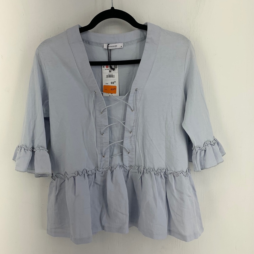 Coquette Prairie Women Medium Lace Up Peplum Blouse Ruffle Sleeve Top Victorian